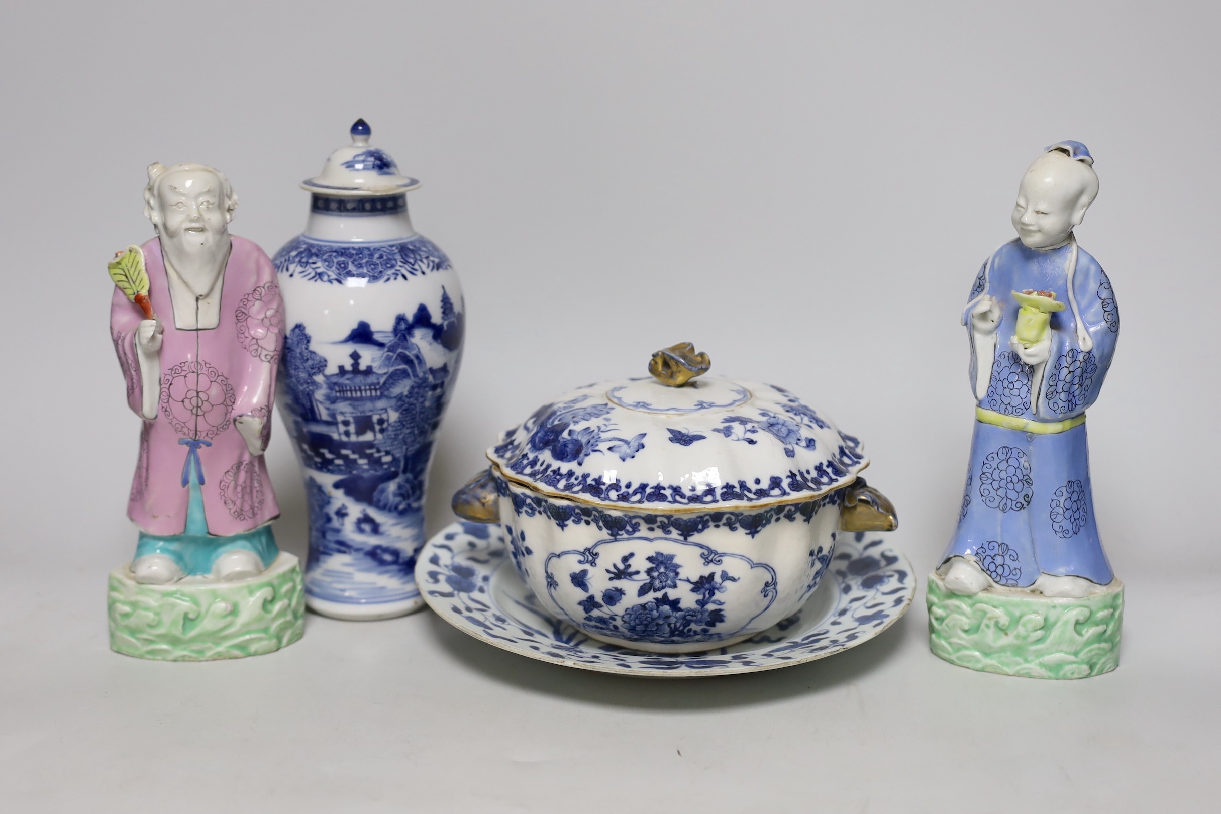 A group of 18th century Chinese export ceramics, together with a pair of Chinese Jiaqing enamelled porcelain figures of immortals, tallest 22cm